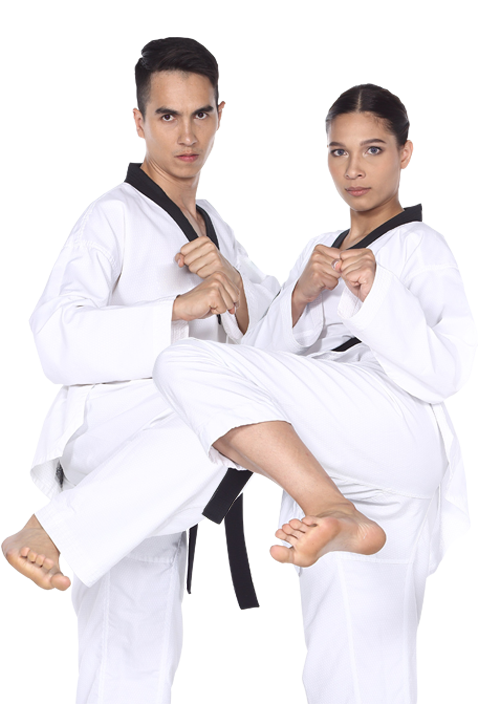 a man and a woman karate kicking